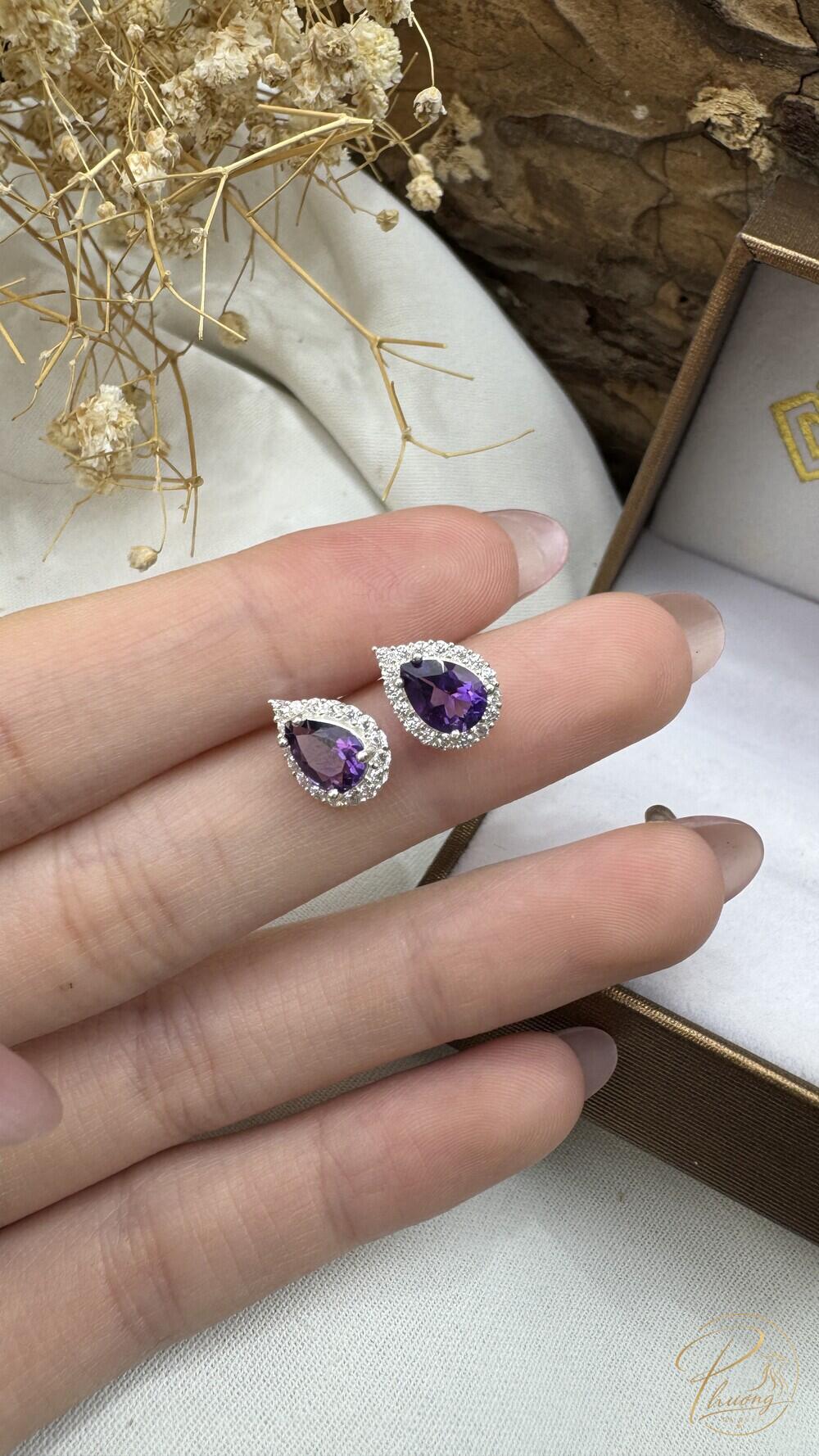 bông tai bạc đính đá amethyst thạch anh tím tự nhiên giác hạt lê màu tím đậm