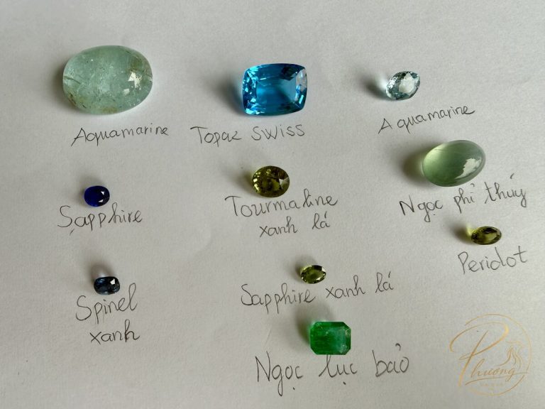 Bộ sưu tập nhiều loại đá quý tự nhiên gồm sapphire, ngọc lục bảo, aquamarine, topaz, peridot minh họa đa dạng đá quý theo cung hoàng đạo