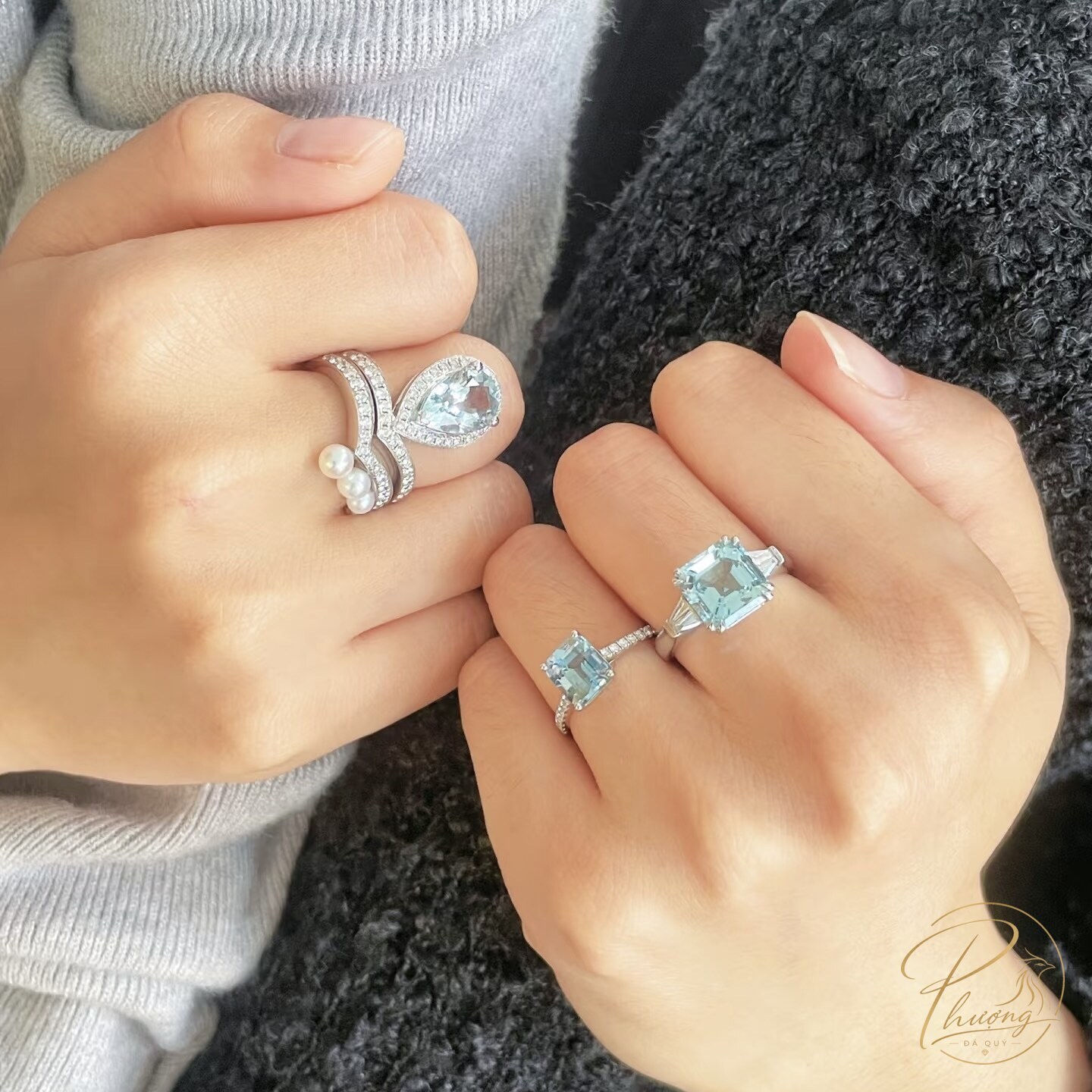 hai nhẫn aquamarine tự nhiên - kiểu halo ngọc trai và kiểu ba viên baguette