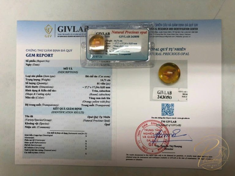giấy kiểm định GIVLAB đá opal quý tự nhiên màu vàng cam ánh lửa 14,71 carat