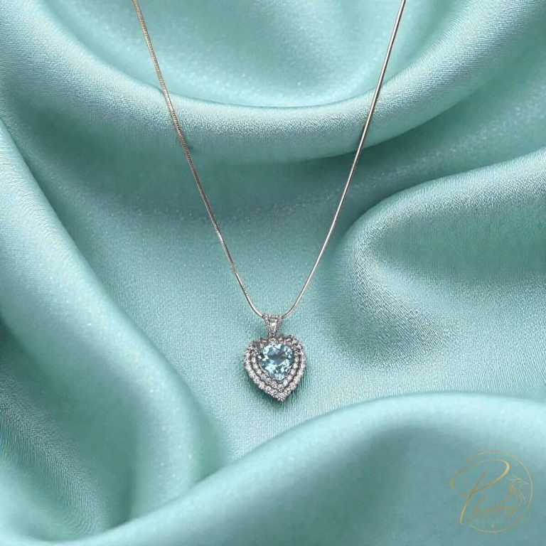 Mặt dây chuyền bạc hình trái tim đính đá Topaz xanh, halo đá trắng nhiều lớp