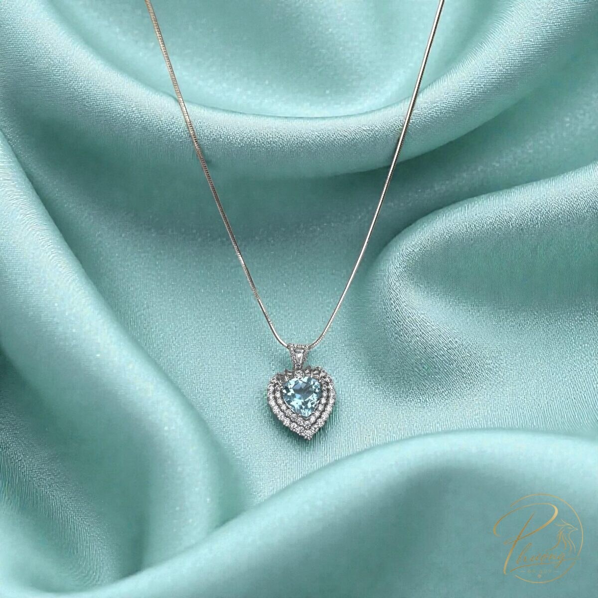 Mặt dây chuyền bạc hình trái tim đính đá Topaz xanh, halo đá trắng nhiều lớp