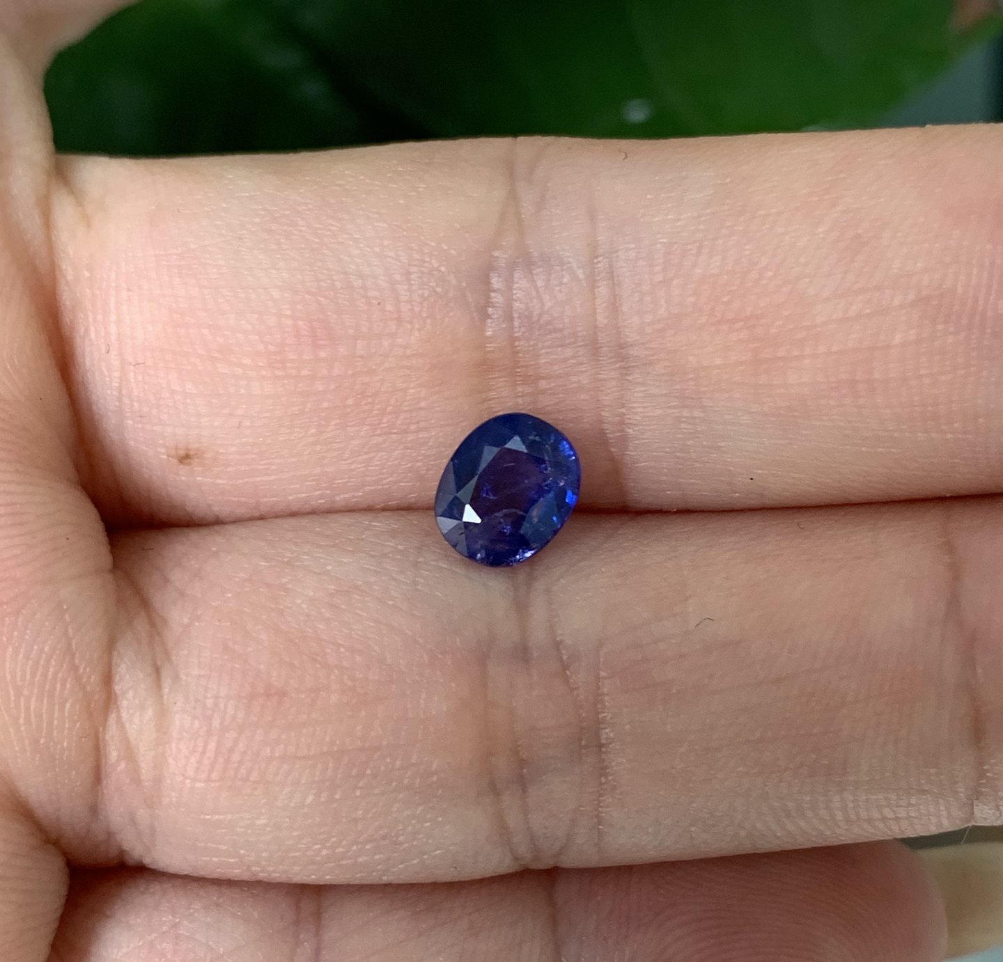 sapphire xanh lam tự nhiên cắt facet dáng oval đặt trên ngón tay